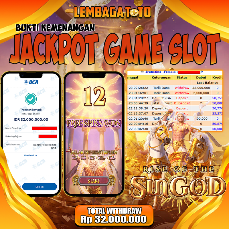BUKTI JACKPOT 23 NOVEMBER LEMBAGATOTO RISE OF THE SUNGOD Rp.32.000.000,- LUNAS