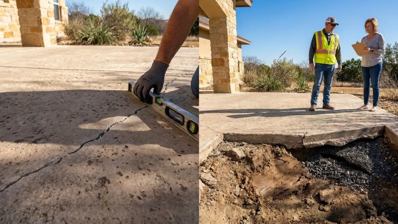 Comparison of a San Antonio concrete patio surface crack repair on a sound slab versus a broken-out failed section being prepared for a repour — the condition of the slab underneath, not just the visible crack, determines which job is needed