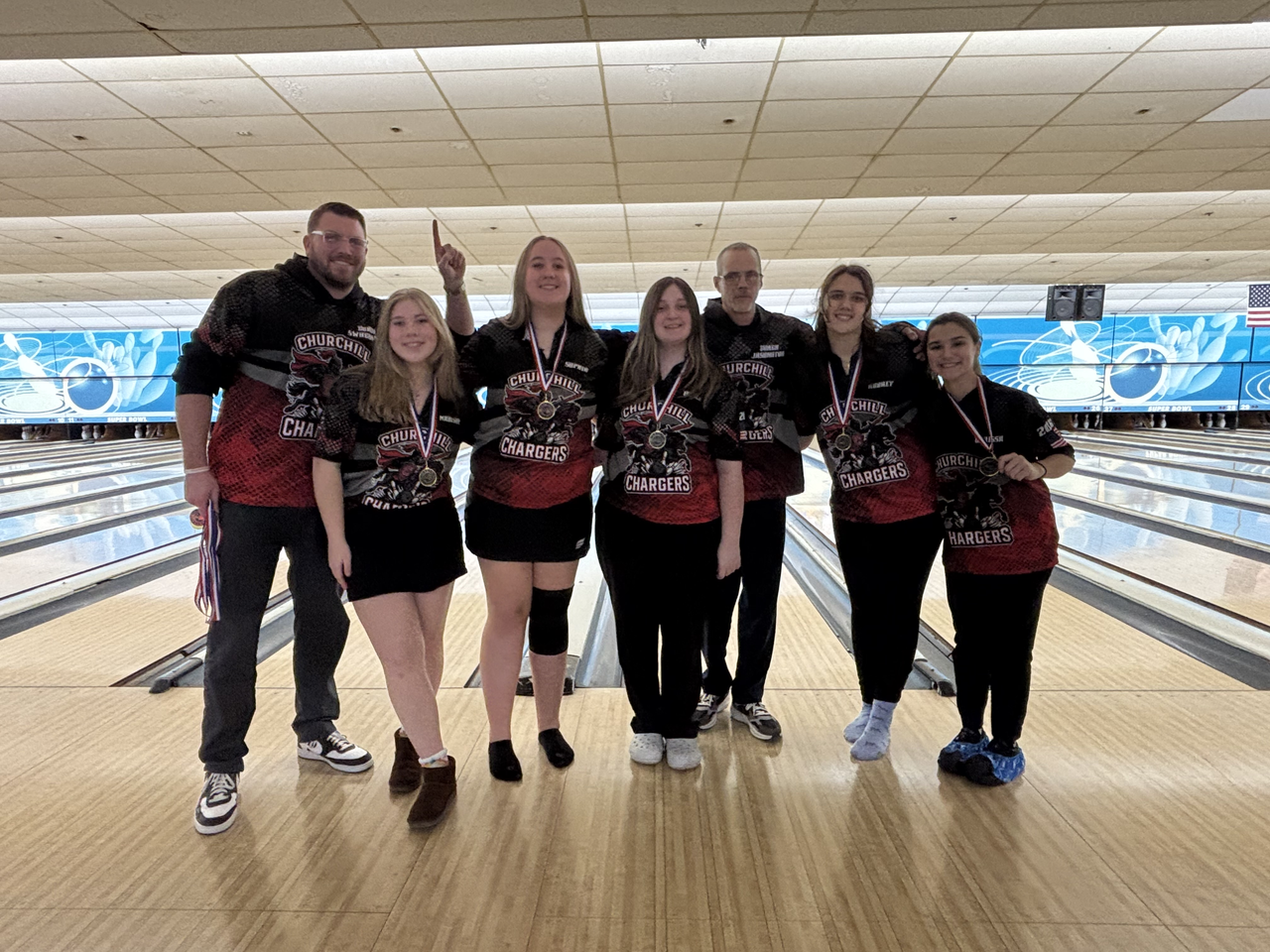 L to R: Coach Wagner, Madison Martin, Sophia Best, Isabelle Jordan, Coach Proudlock and Aubrey Swickler