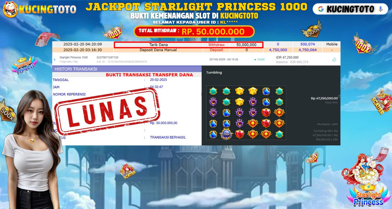 KUCINGTOTO JACKPOT SLOT STARLIGHT PRINCESS 1000 RP.50.000.000.,- LUNAS