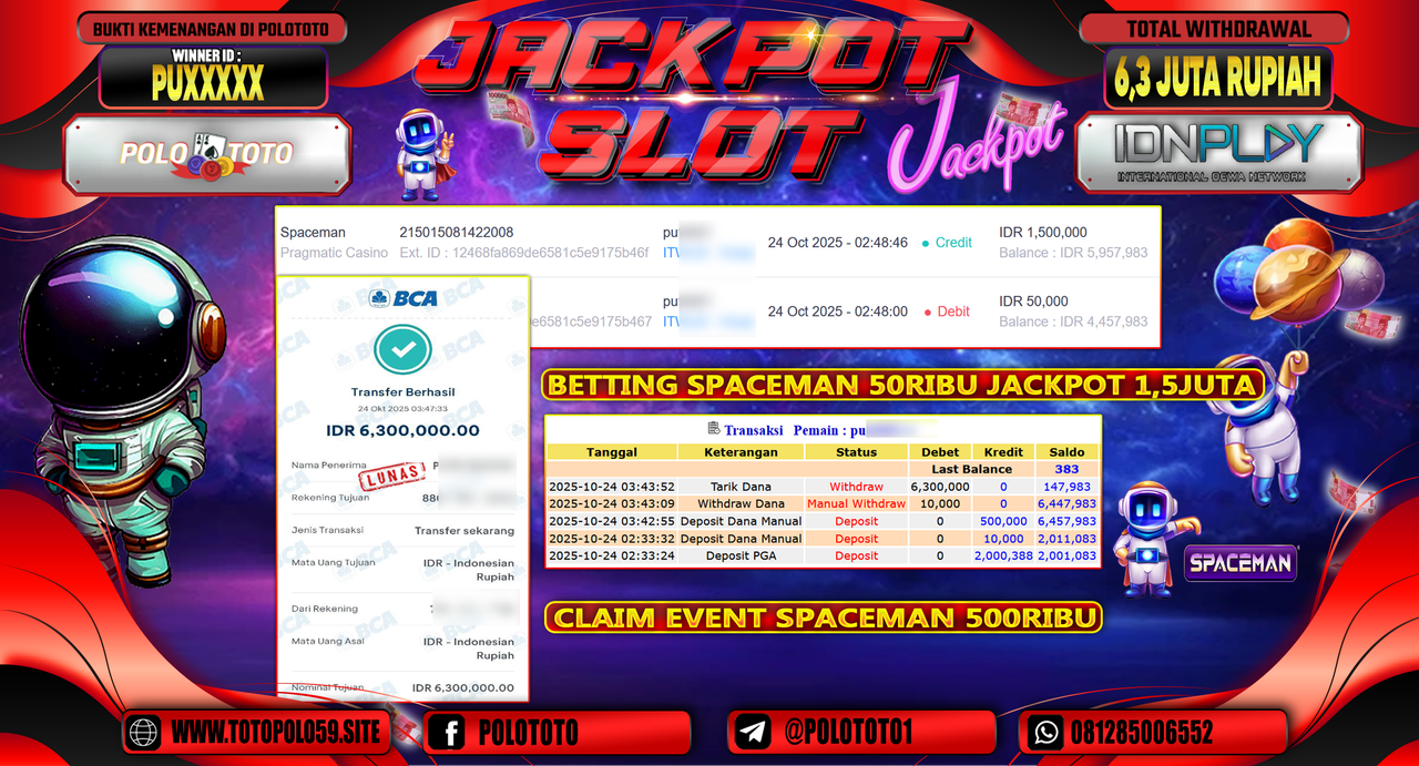 POLOTOTO JACKPOT SLOT SPACEMAN Rp.6.300.000,- LUNAS