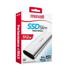 Disco Externo SSD Maxell de 512GB, mostrando su diseño delgado y moderno.