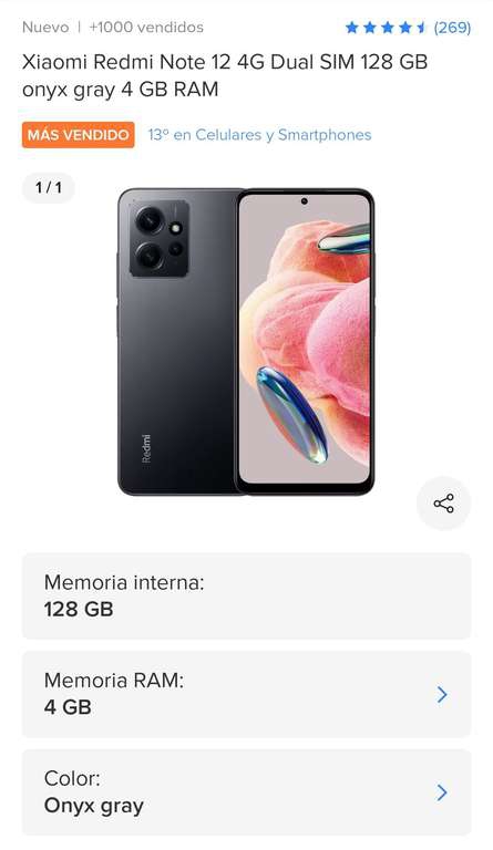 Mercado Libre: Xiaomi Redmi Note 12 4G Dual SIM 128 GB onyx gray 4 GB RAM 
