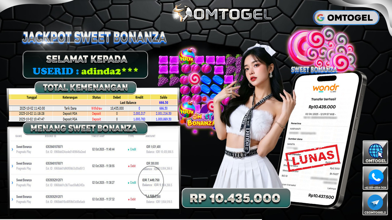 OMTOGEL JACKPOT PRAGMATIC PLAY SWEET BONANZA 10 JUTA DI BAYAR LUNAS ,-