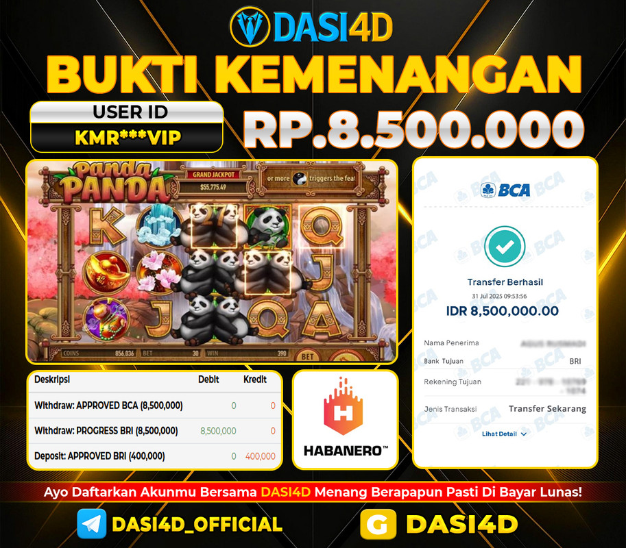 BUKTI KEMENANGAN 31 JULI 2025 PANDA PANDA RP 8.500.000