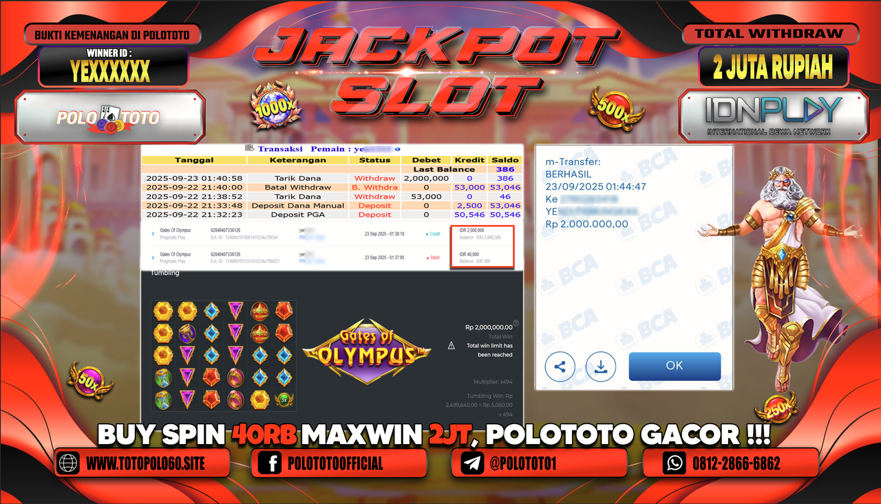 POLOTOTO JACKPOT SLOT GATES OF OLYMPUS Rp.2.000.000,-