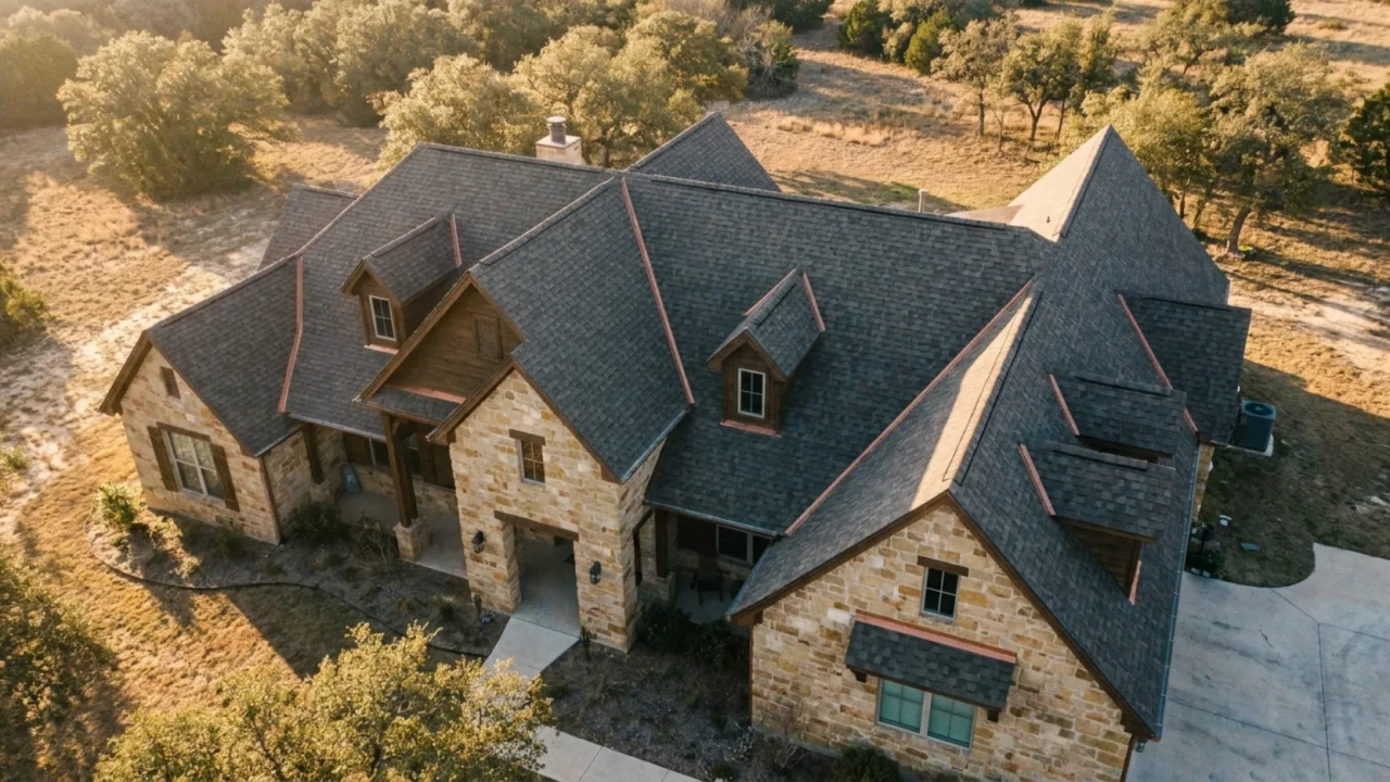 Steep pitch and complex roof line on a San Antonio home showing multiple valleys and dormers