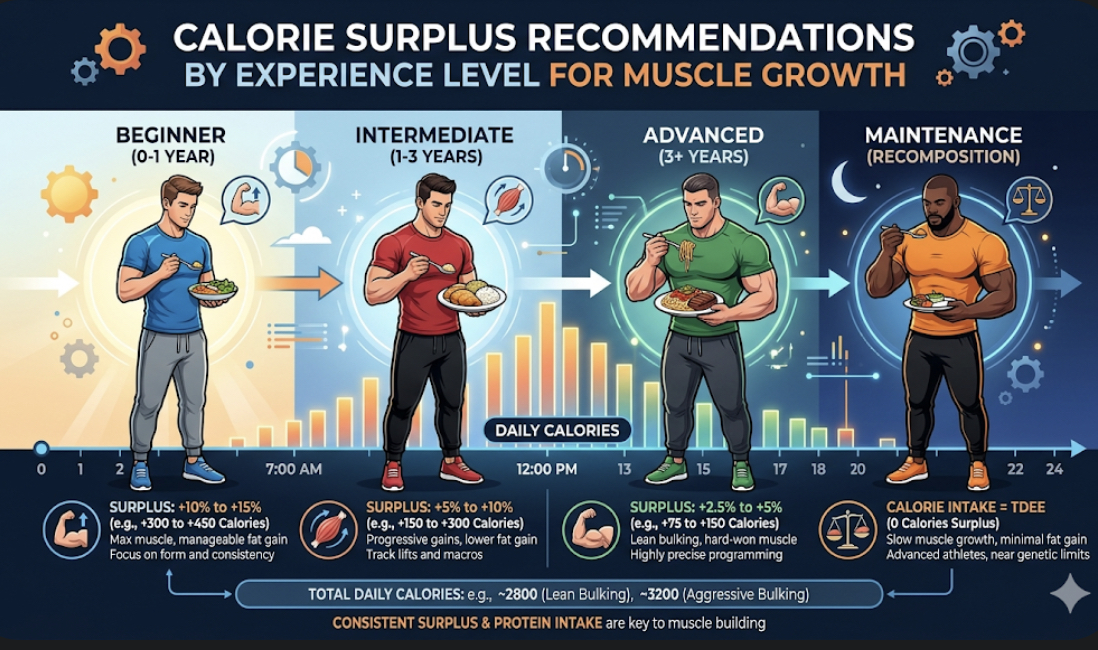 Infographic showing calorie surplus recommendations by experience level beginner intermediate advanced, explaining calorie surplus muscle growth