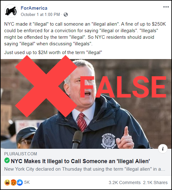 Fake Facbook Post - City of New York did not make it illegal to call someone illegal
