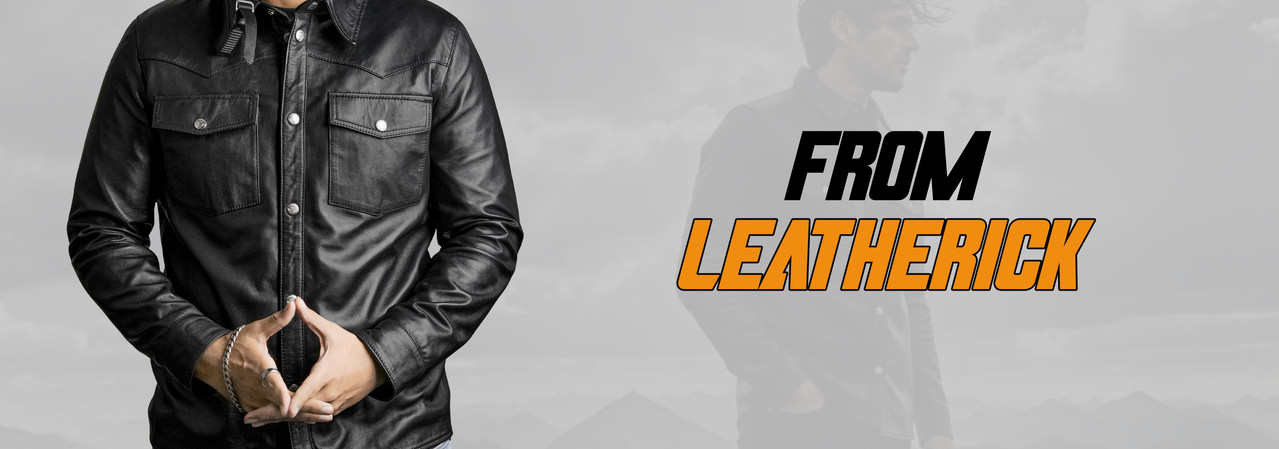 Leatherick men’s black biker shirt/jacket showing Leatherick logo and fine lambskin leather craftsmanship