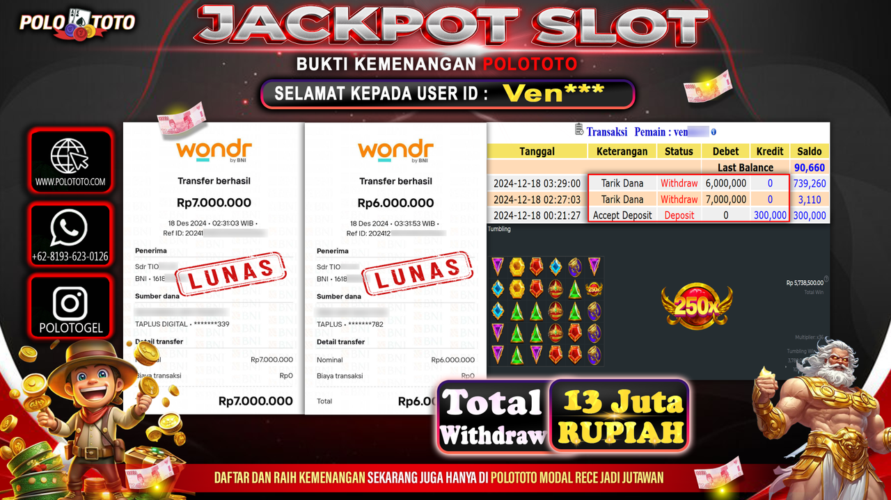POLOTOTO JACKPOT SLOT GATES OF OLYMPUS Rp.13,000.000,-