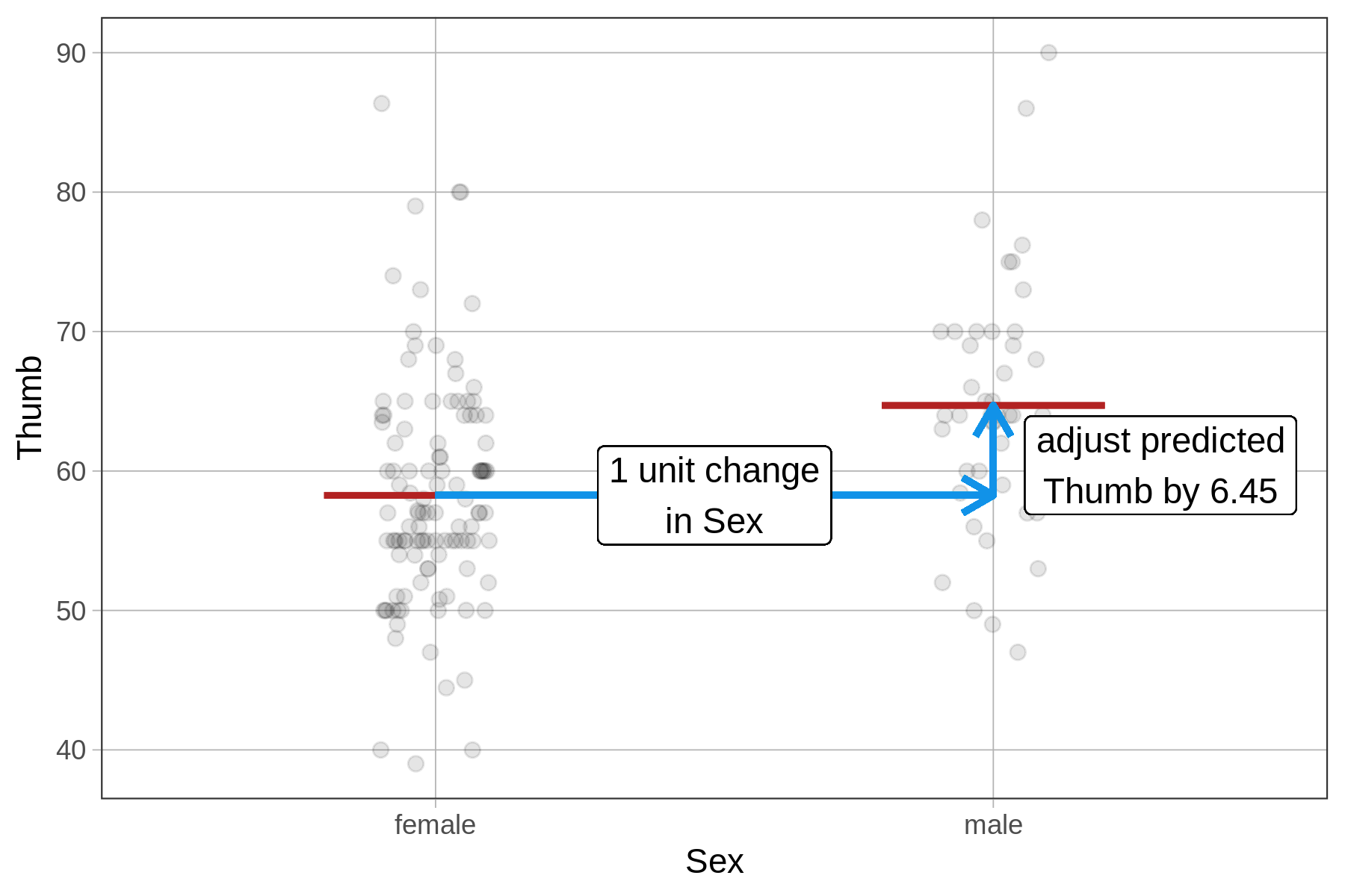 On the left, a representation of b-sub-one of the Sex model, a group model, as a jitter plot of Thumb predicted by Sex (female and male), with the model overlaid as horizontal lines at the mean of each group. The horizontal distance between each group is labeled as the one unit change in Sex, and the vertical distance between each group mean is labeled to say that we adjust predicted Thumb by 6.45.
