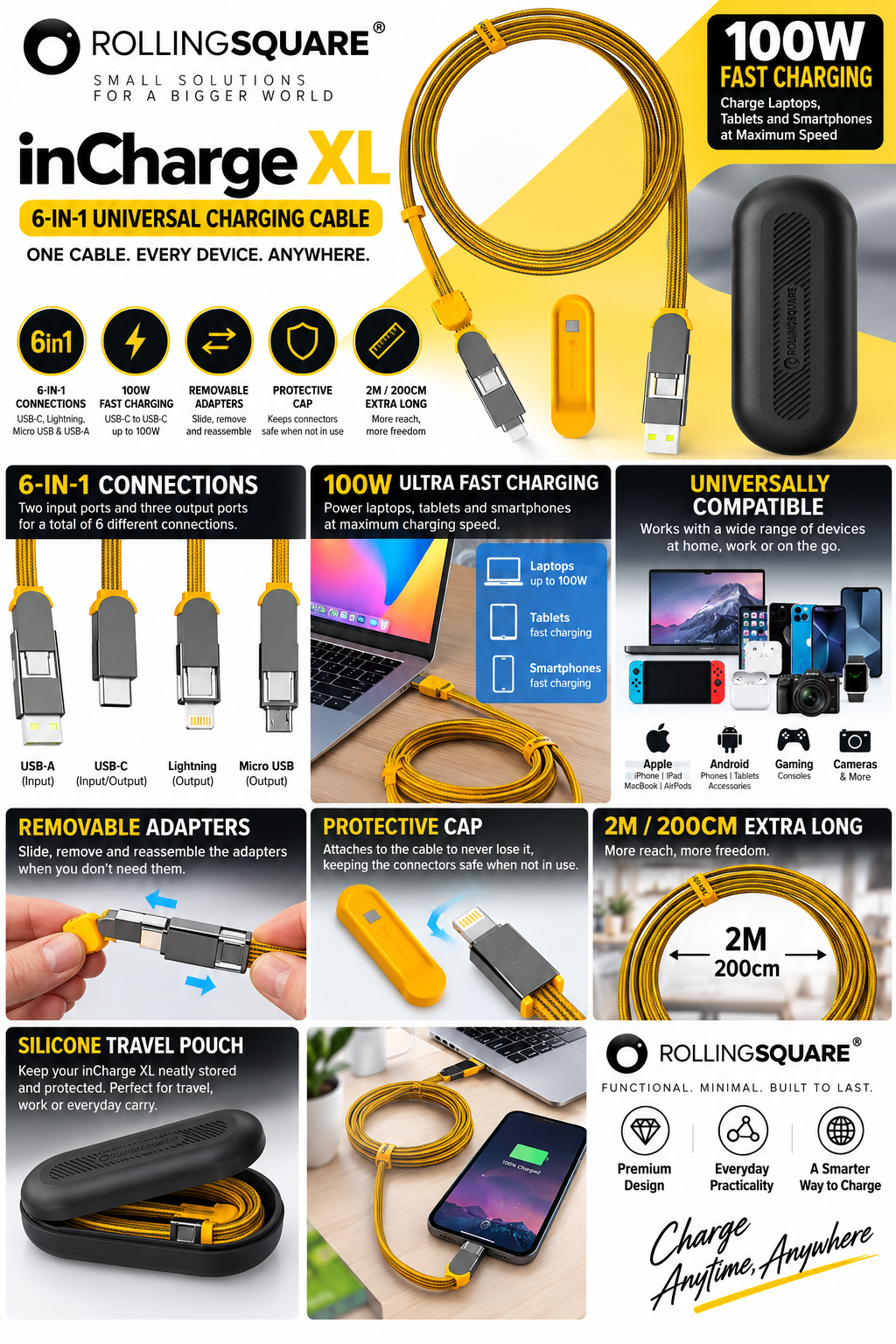Rolling Square inCharge XL 6-in-1 200cm universal charging cable with 100W fast charging