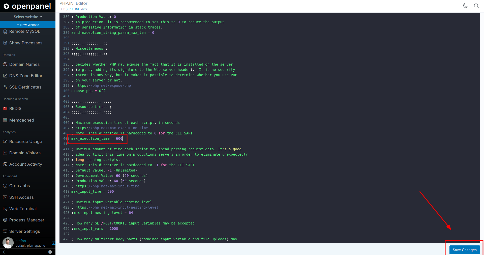 phpini editor openpanel
