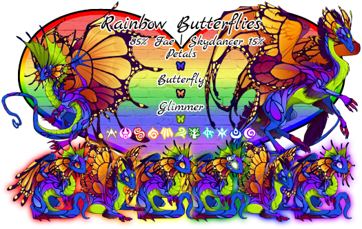 Rainbow Butterflies. Breed will be 85% Fae, 15% Skydancer. Colors and Genes will be Ultramarine Petals Primary, Sunset Butterfly Secondary, Leaf Glimmer Tertiary. Breeds in any element. This pairs colors and genes resemble the Rainbow Pride flag
