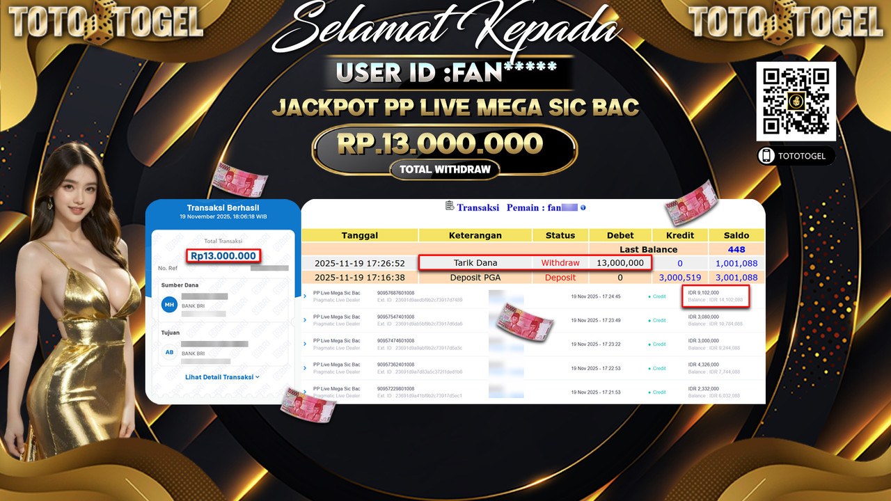 Bukti Pembayaran Jackpot Permainan Live Game PP Live Mega Sic Bac ID:FAN***** LUNAS
