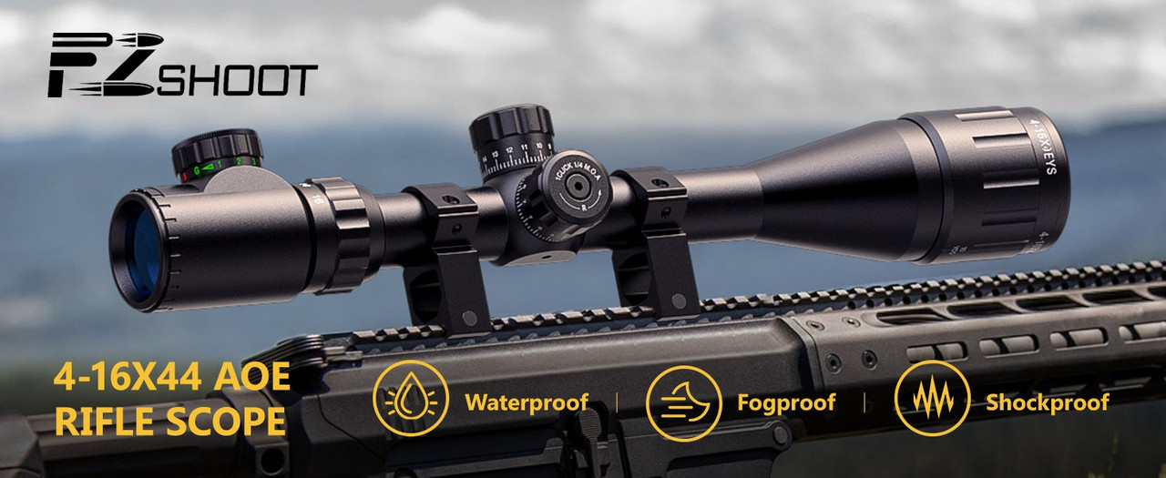 EZshoot 4-16x44 scope mounted on a rifle, showcasing its sleek design and turrets.