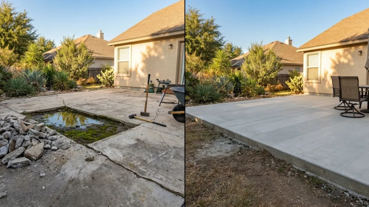 Two San Antonio residential concrete patios of similar size but very different repair needs — one with light surface wear on a level slab, one with a sunken section and standing water showing why square footage alone does not determine patio repair cost