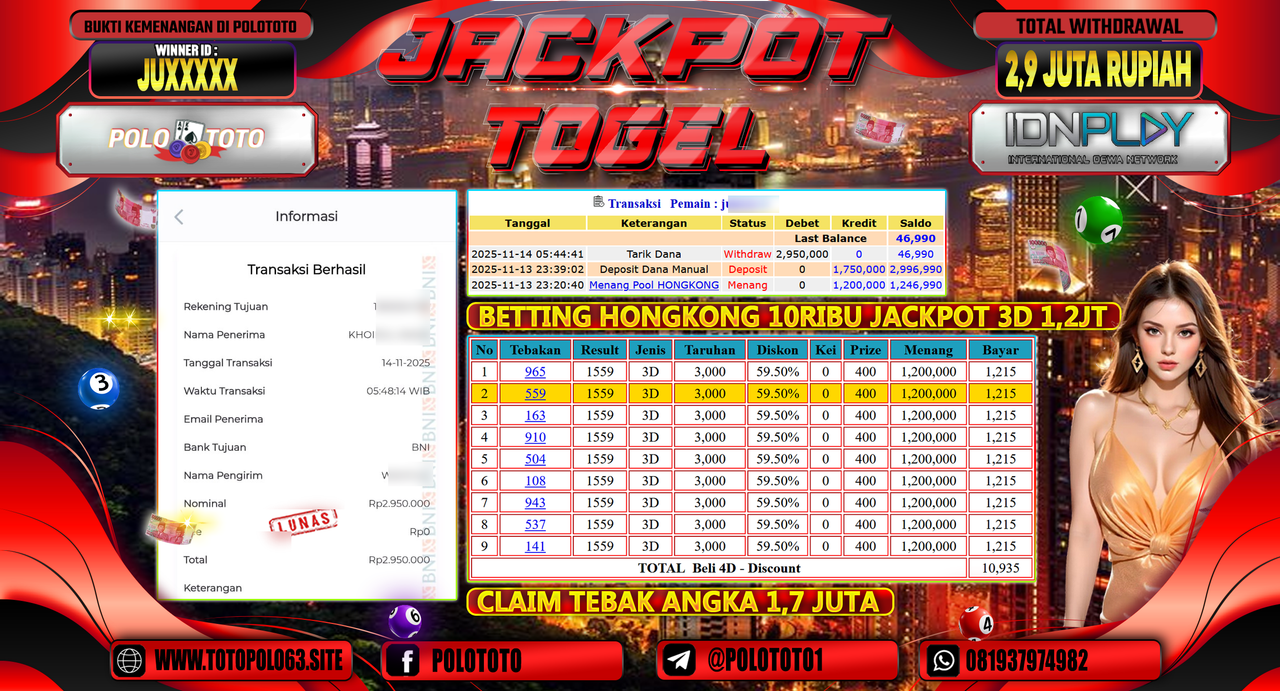 POLOTOTO JACKPOT MENANG TOGEL HONGKONG LOTTO Rp.2.900.000,- LUNAS