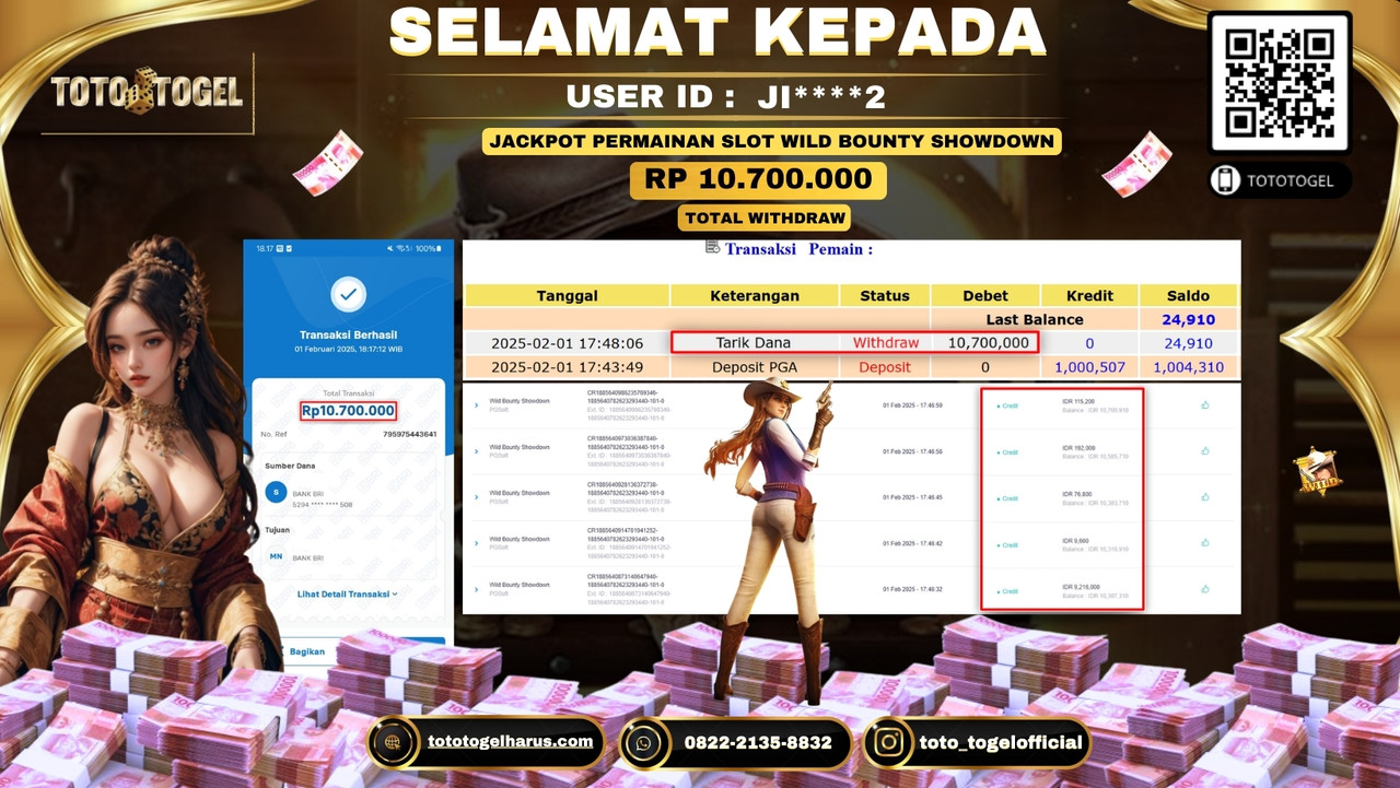 Bukti Pembayaran Jackpot  Permainan Slot Wild Bounty Showdown  ID:JI****2 LUNAS