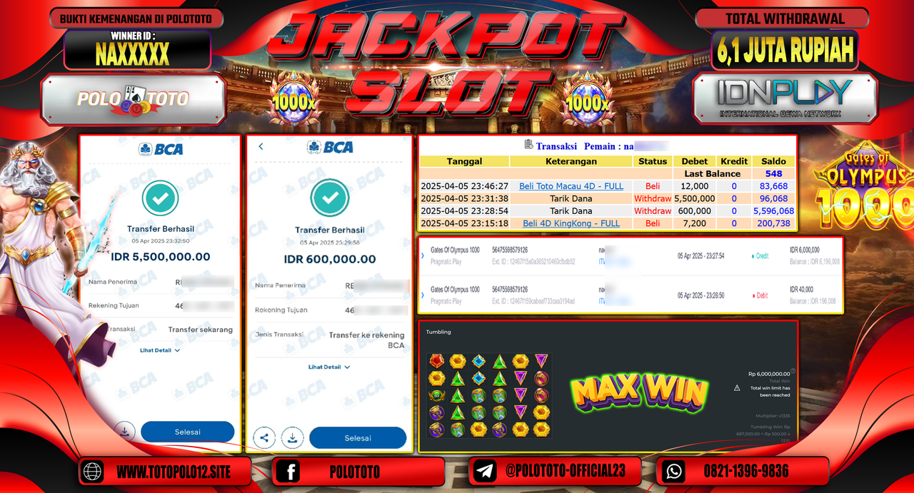 POLOTOTO JACKPOT SLOT GATES OF OLYMPUS 1000  Rp.6.100.000,- LUNAS