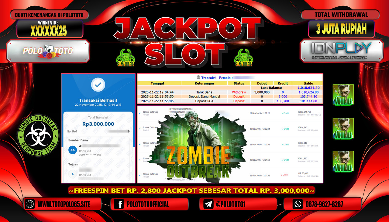 POLOTOTO JACKPOT SLOT ZOMBIE OUTBREAK Rp.3.000.000,- LUNAS
