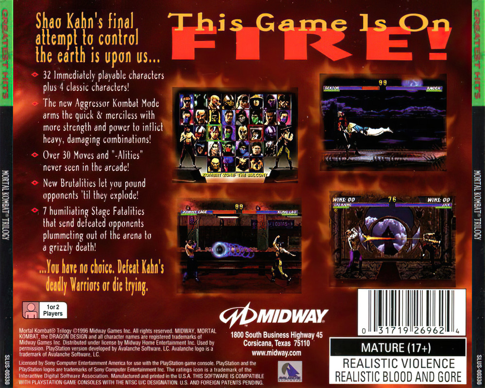Mortal Kombat Trilogy (Greatest Hits) (SLUS-00330) (Back)
