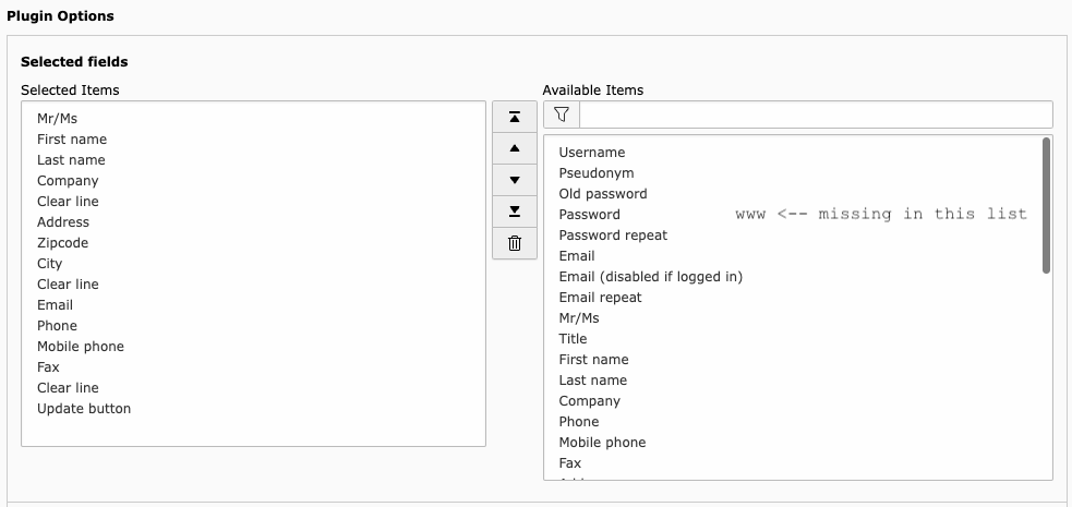 Plugin Options, "www" missing in the list of Available Items