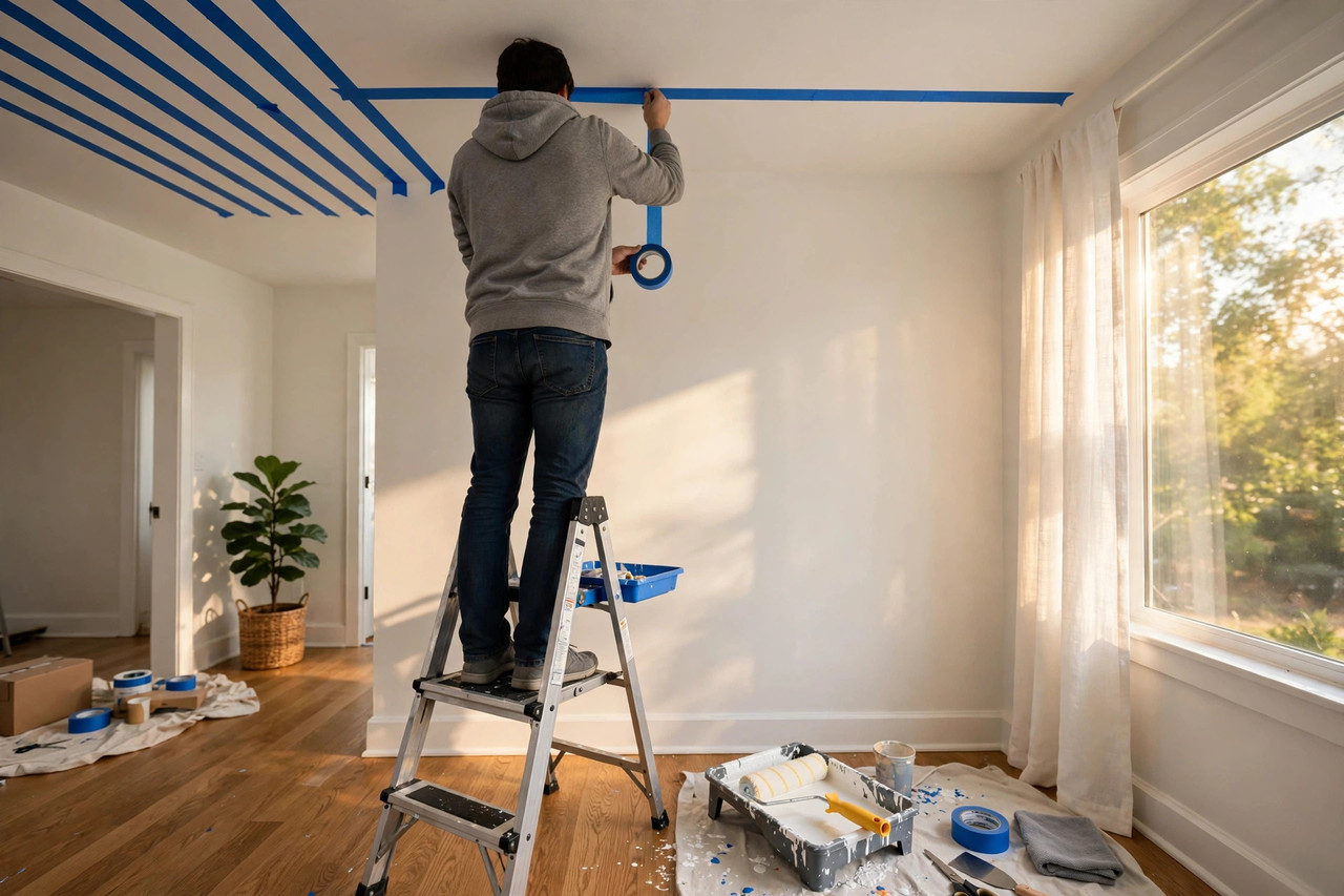 DIYer on a ladder applying painter's tape in straight lines across a ceiling to mark paint stripes