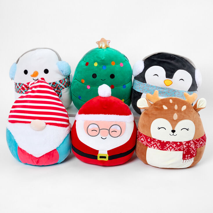 A rare Christmas Squishmallow Collection including a Snowman Squishmallow, Christmas Tree Squishmallow, Penguin Squishmallow and Santa Squishmallow.