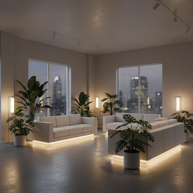 Пример грамотного зонирования пространства и выбора мебели для лаунж-зоны на мероприятии.