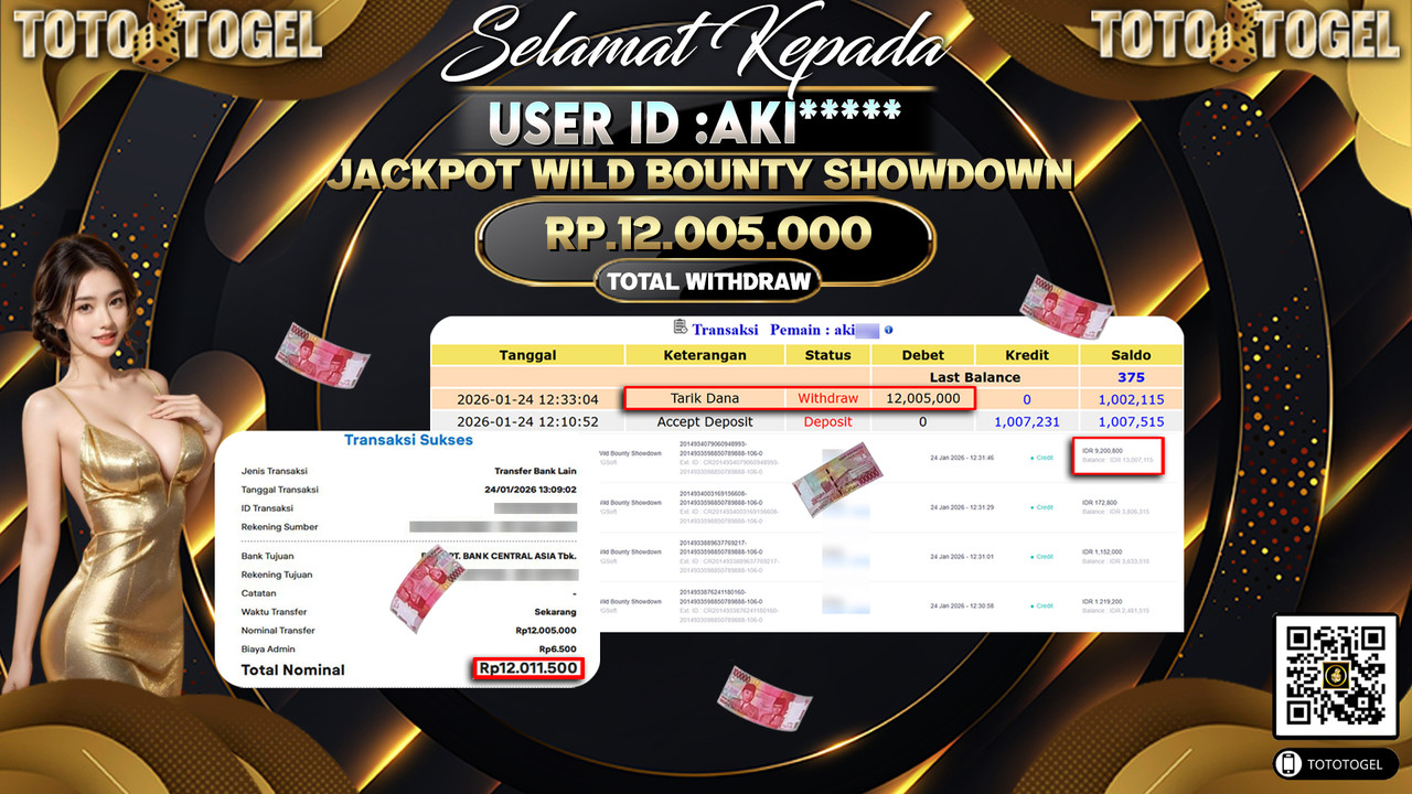Bukti Pembayaran Jackpot Permainan Slot Wild Bounty Showdown ID:AKI*****LUNAS