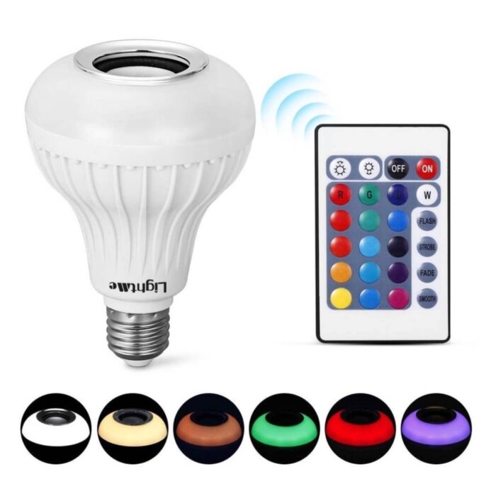 Control remoto del bombillo LED Bluetooth, mostrando botones para colores y música.