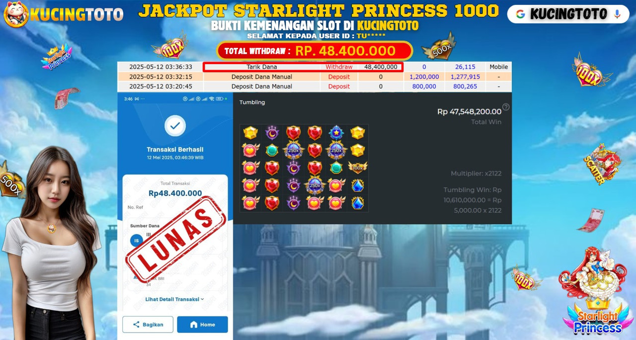 KUCINGTOTO JACKPOT SLOT STARLIGHT PRINCESS 1000 RP.48.400.000.,- LUNAS