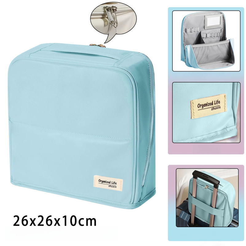 Blue Magnetic Compartmentalized Standing Cosmetic Bag – Large Capacity with Mirror, Travel Makeup Organizer (26×10×26 cm)