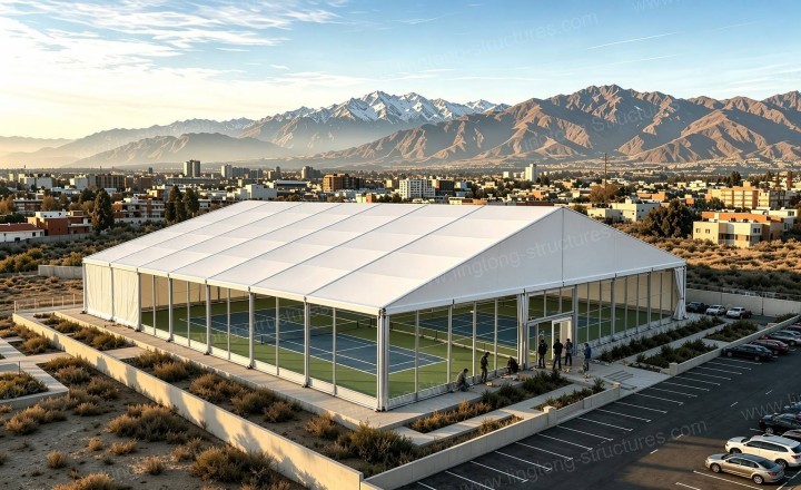 Pickleball Tent exterior showing the modular frame structure