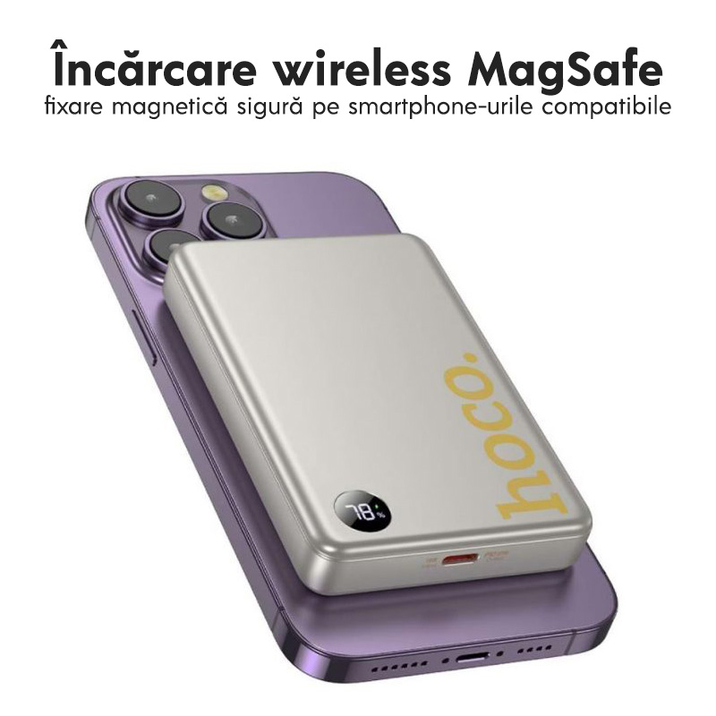 Baterie externa cu incarcare wireless Hoco Q34, 20W, 1xUSB-C, 1xUSB, PD, QC3.0, 10000mAh, Incarcare rapida, Auriu Baterie Mag Safe Hoco Q34 Capacitate 10 000m Ah Afisaj digital Port Type C Bej 4