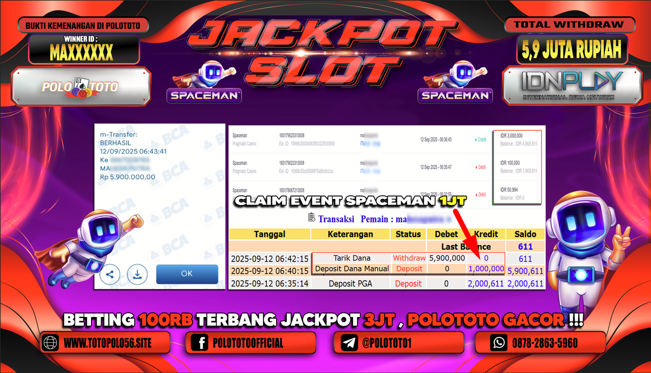 POLOTOTO JACKPOT SLOT SPACEMAN Rp.5.900.000,-