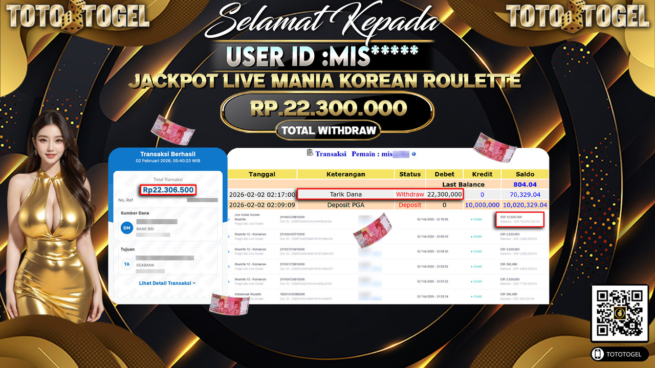 Bukti Pembayaran Jackpot Permainan Pragmatic Live Mania Korean Roulette ID:MIS*****LUNAS