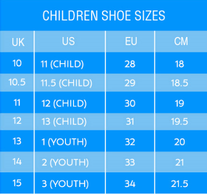 Motocross kid's slip on shoes sizing chart