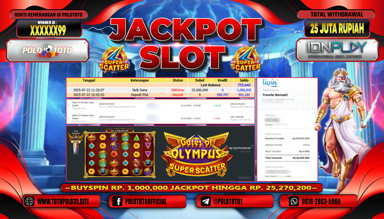 POLOTOTO JACKPOT SLOT GATES OF OLYMPUS SUPER SCATTER Rp.25.000.000,- LUNAS