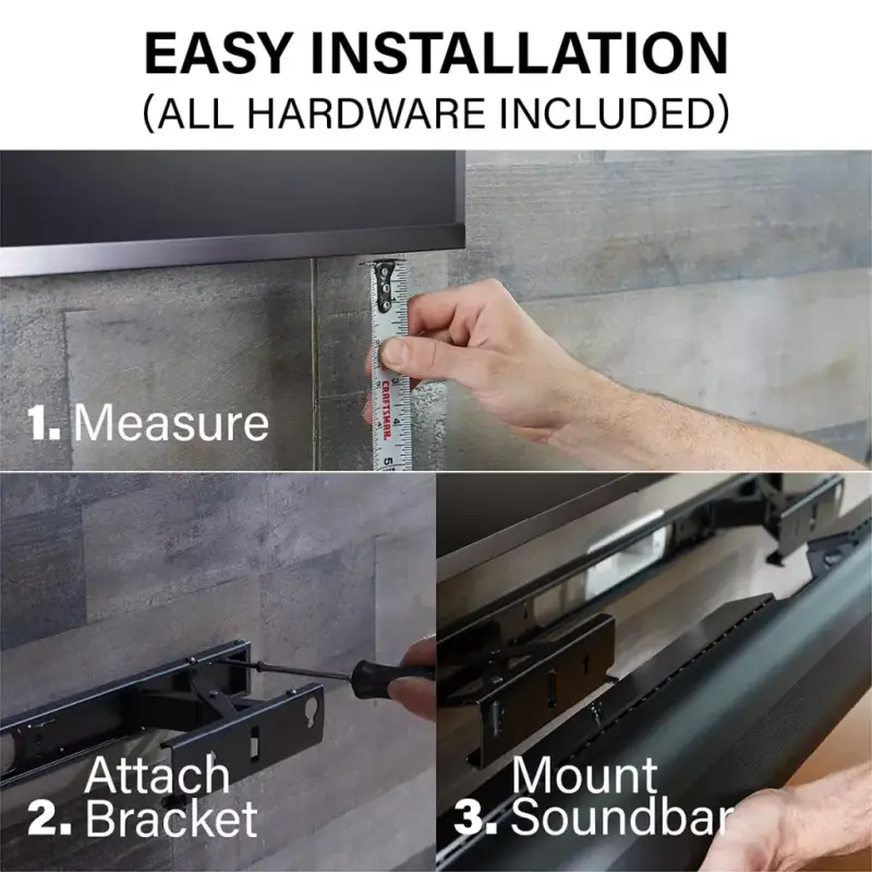 Soporte de pared Sanus con una Sonos Arc montada debajo de un televisor.
