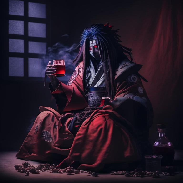 Учиха Мадара в лёгком кимоно пьёт сакэ, сидя на энгаве и набирая Хашираму, чтоб вызвать на бой_Kandi