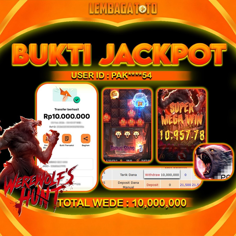 BUKTI JACKPOT 05 FERBUARY LEMBAGATOTO WEREWOLFS HUNT Rp 10.,000,000 ,- LUNAS