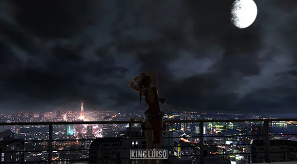 Lara tomando aire fresco en la última planta del edificio de los yakuza. Lara Croft estirándose a la luz de la luna en la última planta del edificio de los yakuzas mientras la hermosa ciudad de Tokio en Japón apunta a sus espaldas