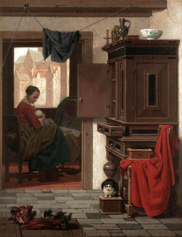 2-Mother-and-Baby-in-Interior-with-Cat-1867-Charles-Joseph-Grips