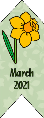 Bookmark with a pastel green background overlaid with a floral design with the words March 2021 in bold dark green text at the bottom and a clipart daffodil at the top