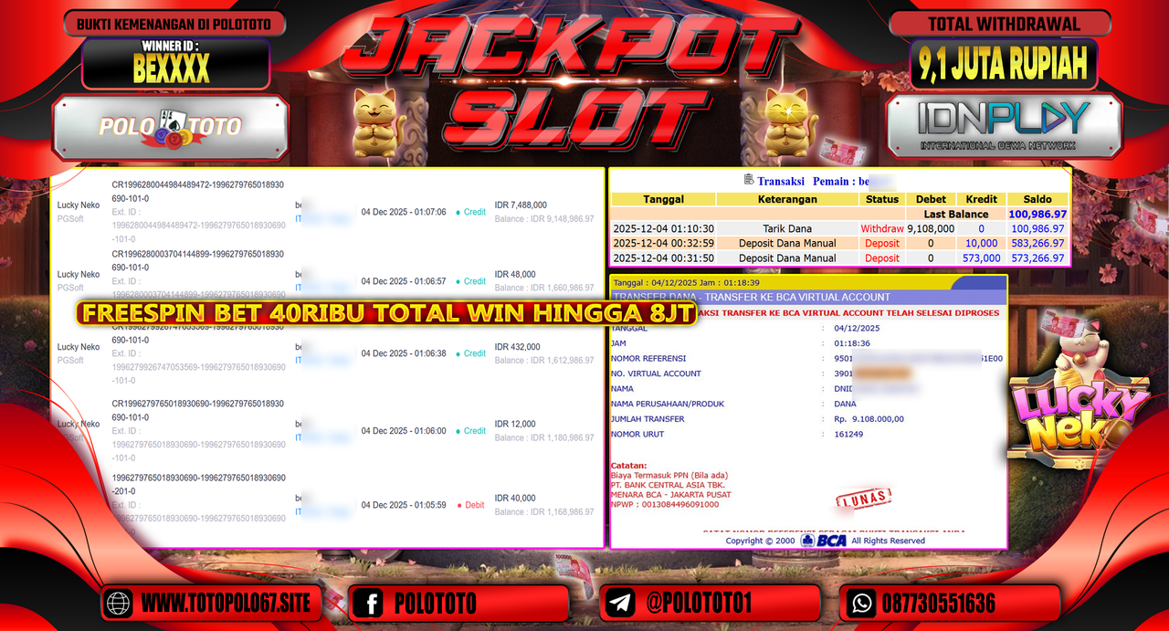 POLOTOTO JACKPOT SLOT LUCKY NEKO Rp.9.100.000,- LUNAS