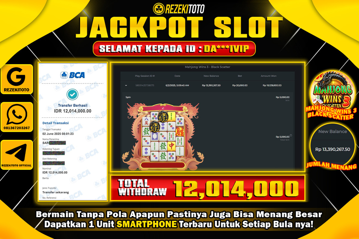 BUKTI KEMENANGAN 02 JUNI 2025 MAHJONG WINS 3 BLACK SCATTER WD 12 JUTA 