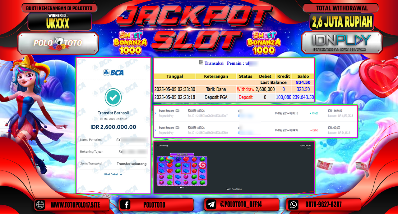 POLOTOTO JACKPOT SLOT SWEET BONANZA 1000 Rp.2.600.000,-